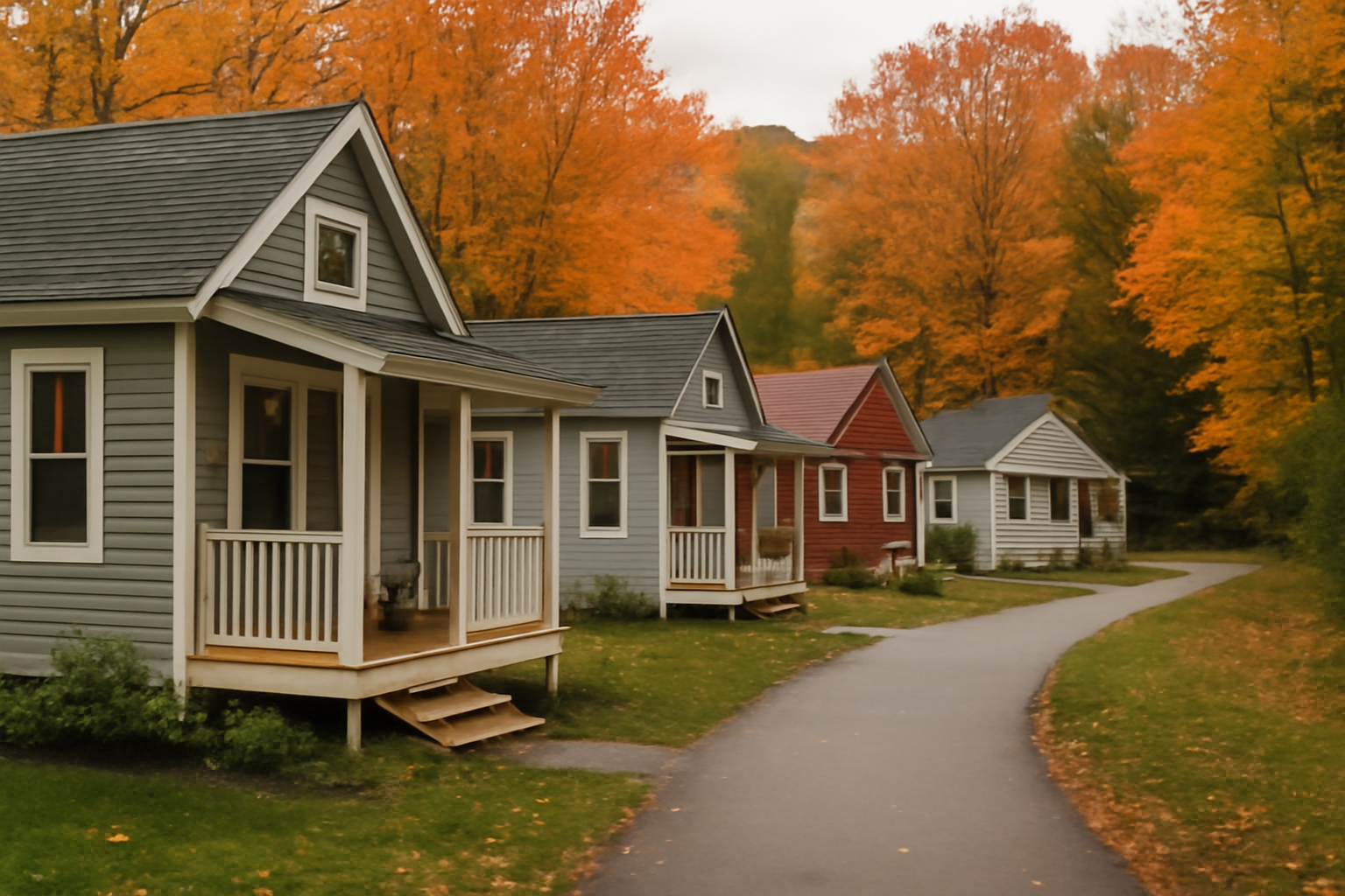 Small cluster of compact single-story tiny homes with peaked roofs arranged along a paved path in a wooded New England setting