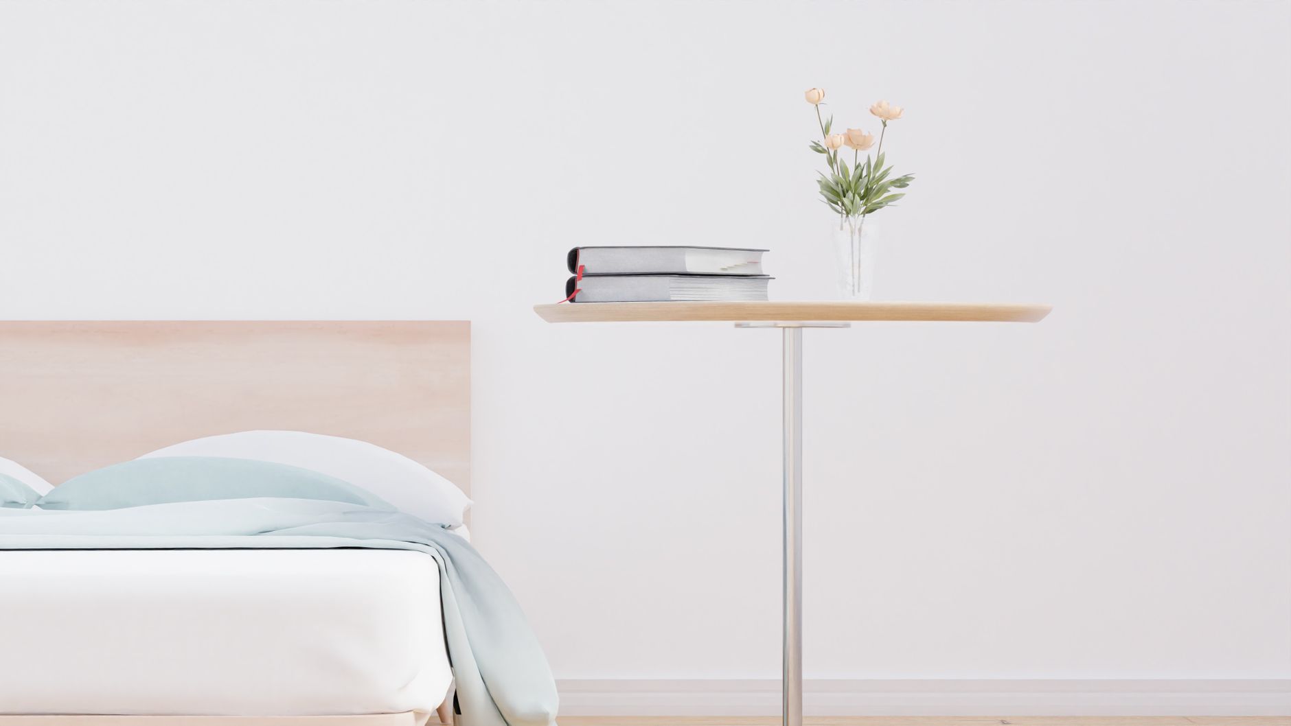 A tidy bedroom with a single dresser, folded linens stacked on a chair, and empty floor space near the window