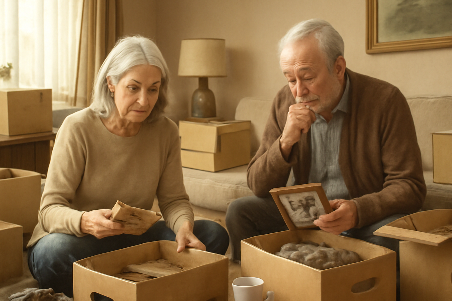 Senior couple sorting through belongings in a living room